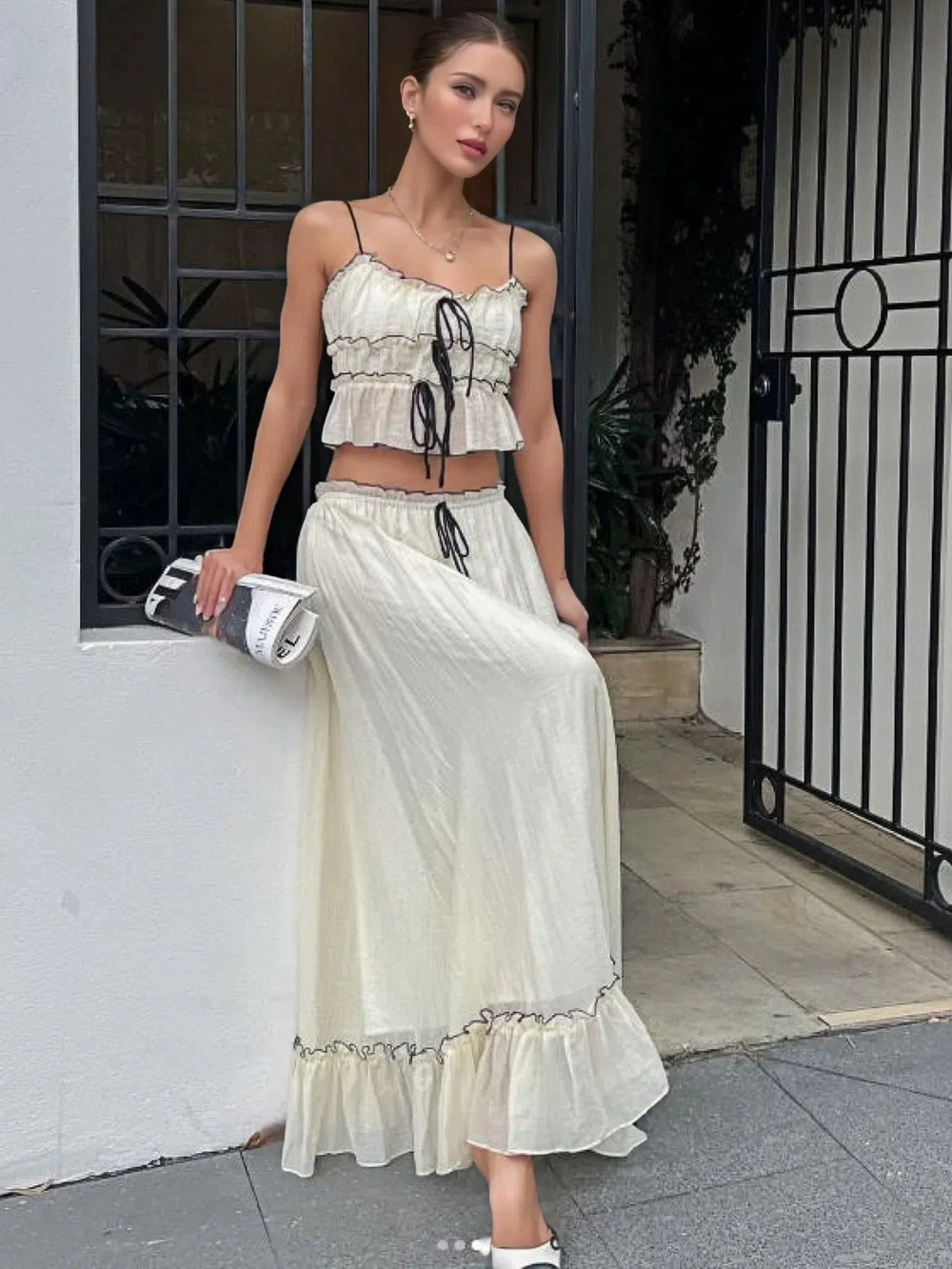 Zara Summer Camisole Bow Top Pleated Skirt Set